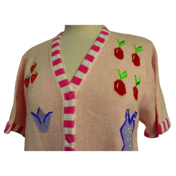 Quacker Factory Summer Theme Appliqued Pink Cardi Sz M Short Sleeve NEW - Picture 2 of 9